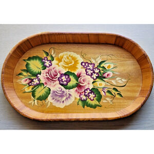 TRAY-WOODEN-HAND PAINTED-Floral-Lightweight-Artist-Bright Colors-18 in X 10 in